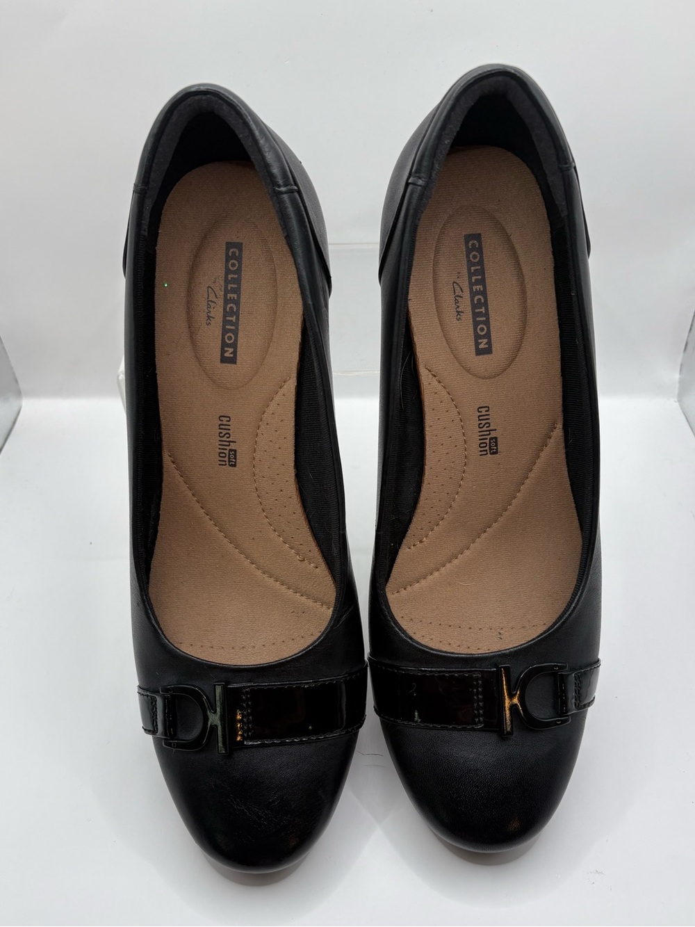 Clarks Black Leather Comfort Ballet Flats with Patent Buckle